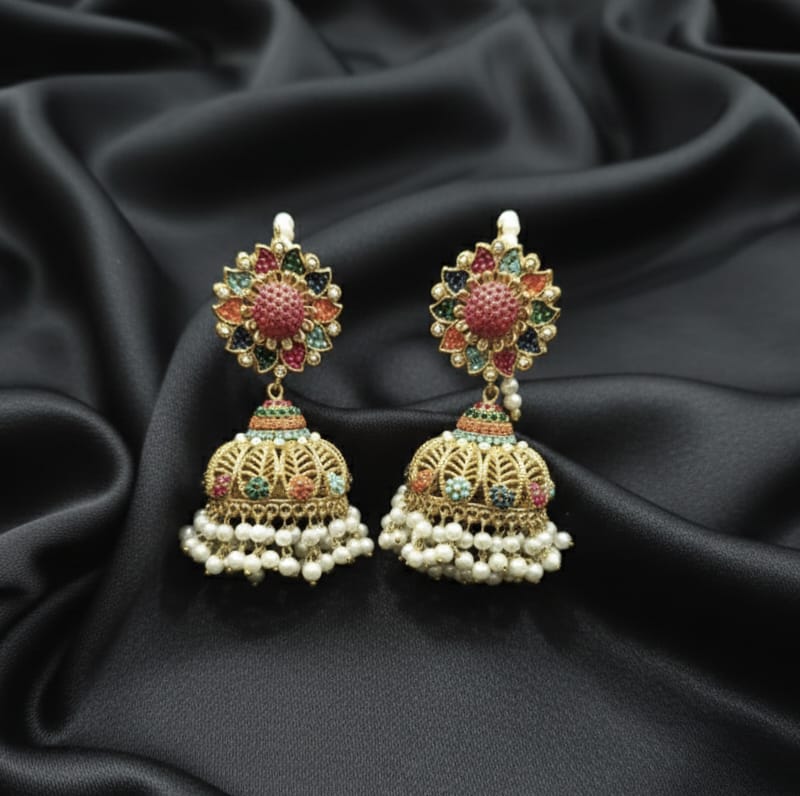 Navratna Style Jhumka Earrings with Pearl Drops