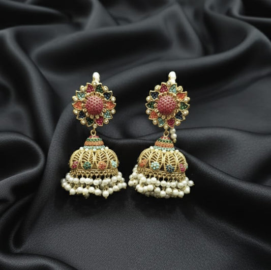 Navratna Style Jhumka Earrings with Pearl Drops