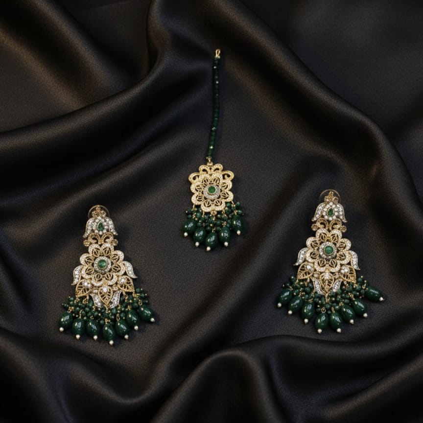 Premium Quality Green Earring With Tika