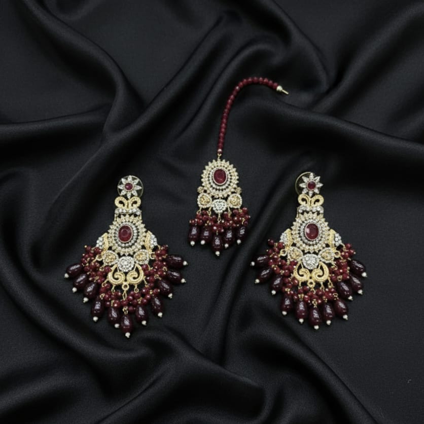 Fine Quality Casting Red Earring With Tika